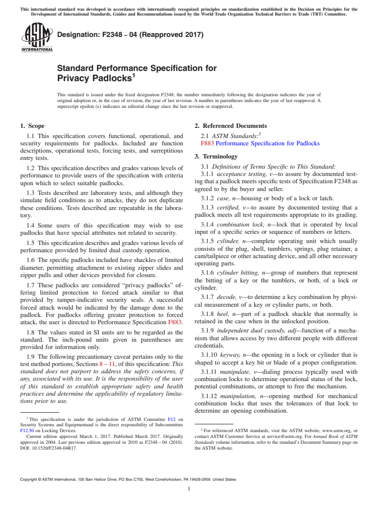 ASTM F2348-04(2017) - Standard Performance Specification for  Privacy Padlocks