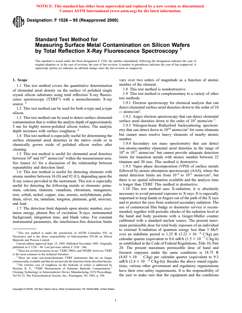 ASTM F1526-95(2000) - Standard Test Method for Measuring Surface Metal Contamination on Silicon Wafers by Total Reflection X-Ray Fluorescence Spectroscopy (Withdrawn 2003)