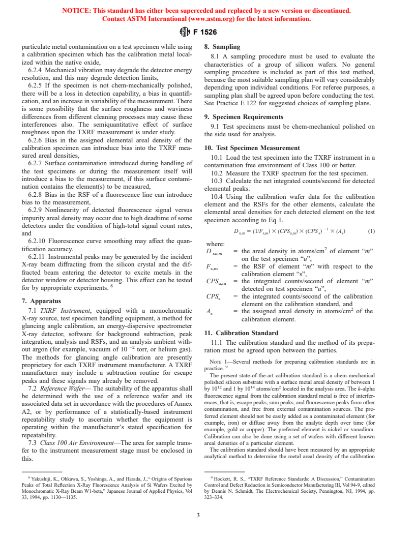 ASTM F1526-95(2000) - Standard Test Method for Measuring Surface Metal Contamination on Silicon Wafers by Total Reflection X-Ray Fluorescence Spectroscopy (Withdrawn 2003)