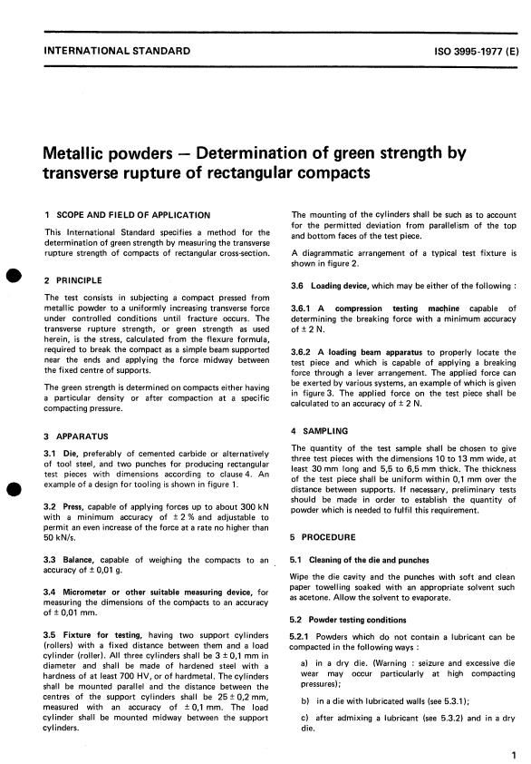 ISO 3995:1977 - Metallic powders -- Determination of green strength by transverse rupture of rectangular compacts