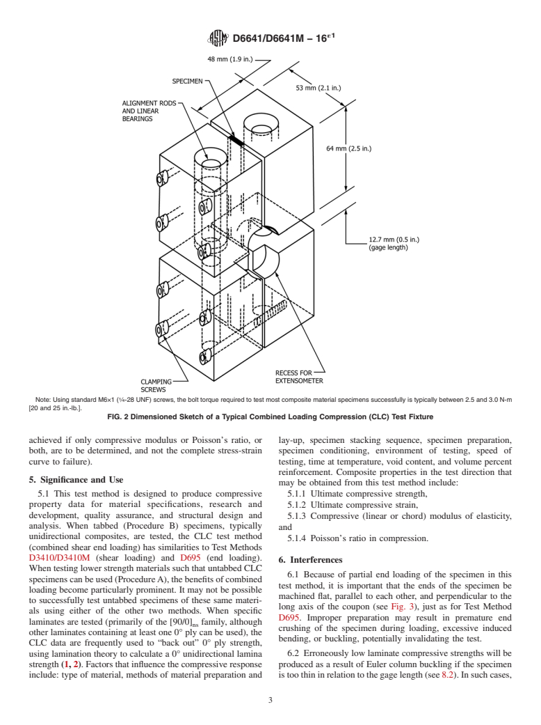 ASTM D6641/D6641M-16e1 - Standard Test Method for  Compressive Properties of Polymer Matrix Composite Materials  Using a Combined Loading Compression (CLC) Test Fixture