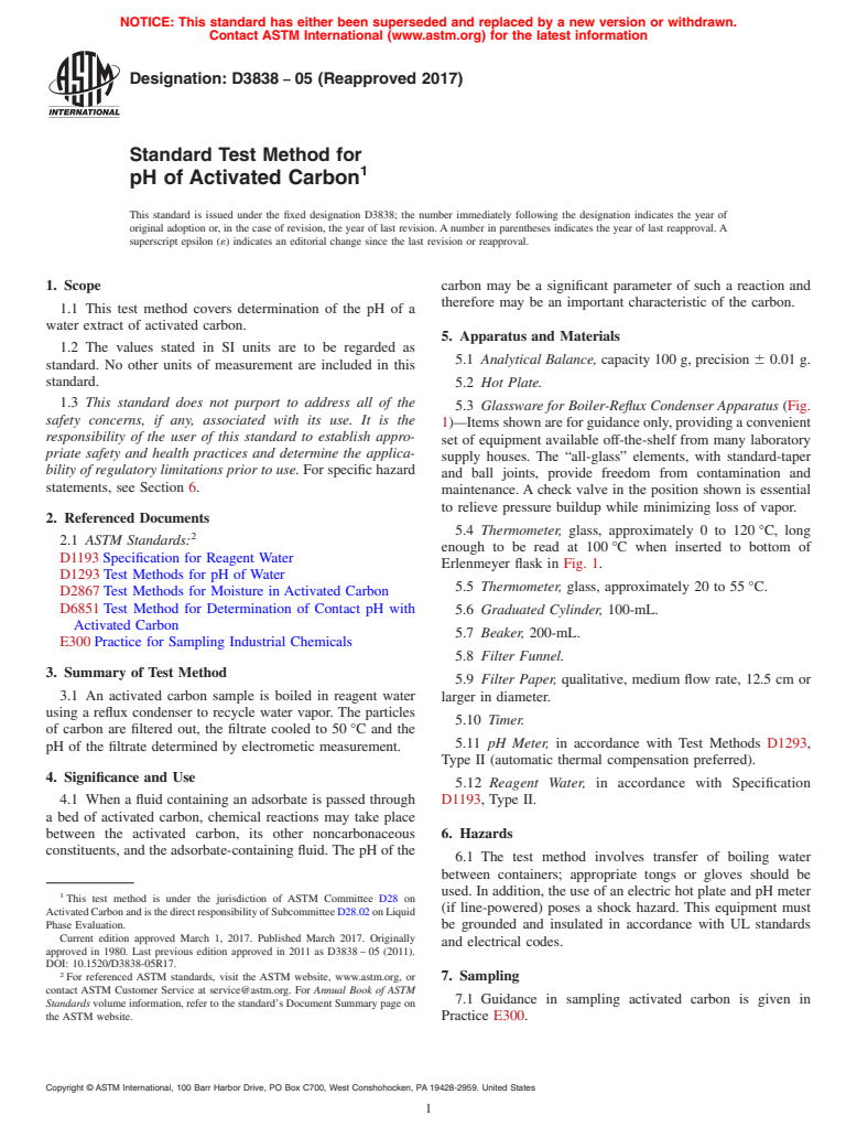 ASTM D3838-05(2017) - Standard Test Method for  pH of Activated Carbon