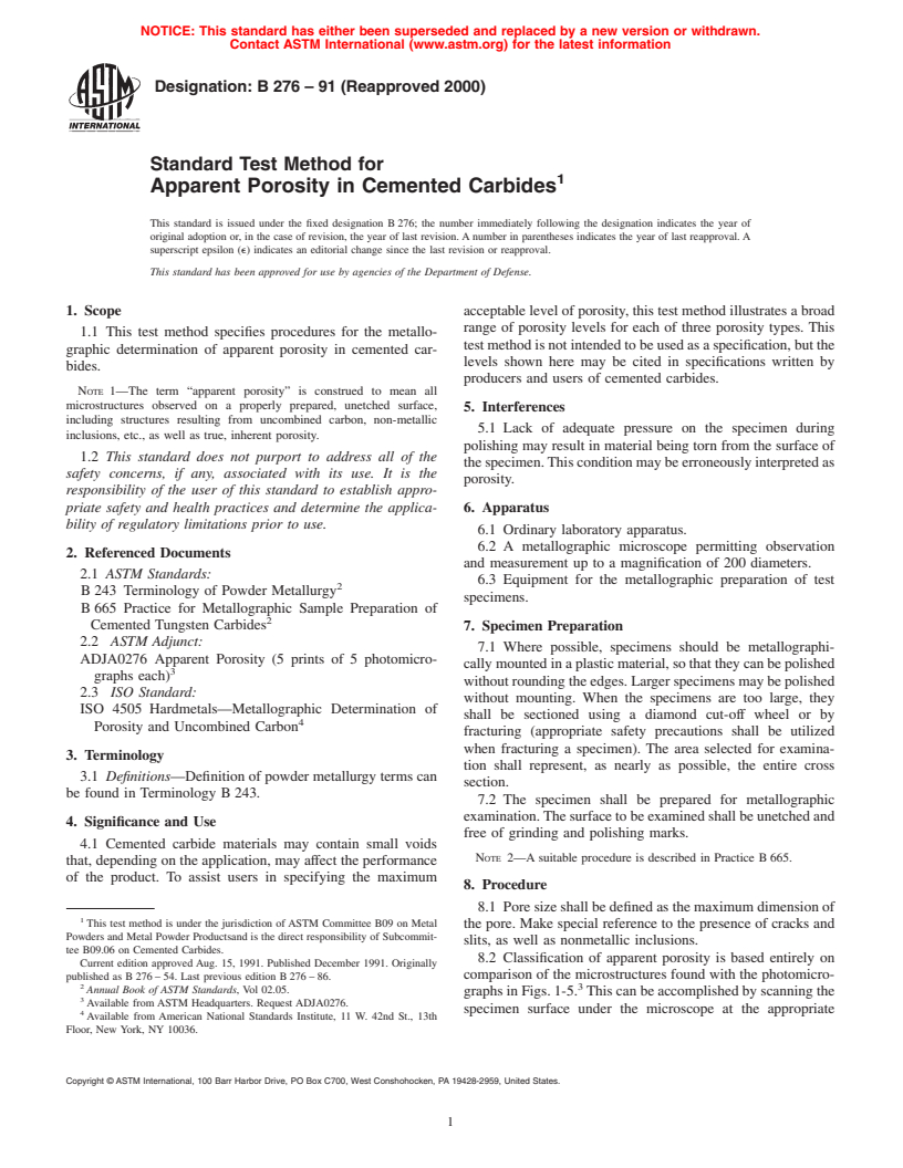 ASTM B276-91(2000) - Standard Test Method for Apparent Porosity in Cemented Carbides