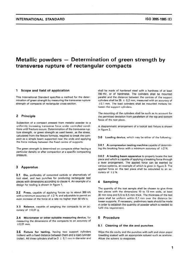 ISO 3995:1985 - Metallic powders -- Determination of green strength by transverse rupture of rectangular compacts