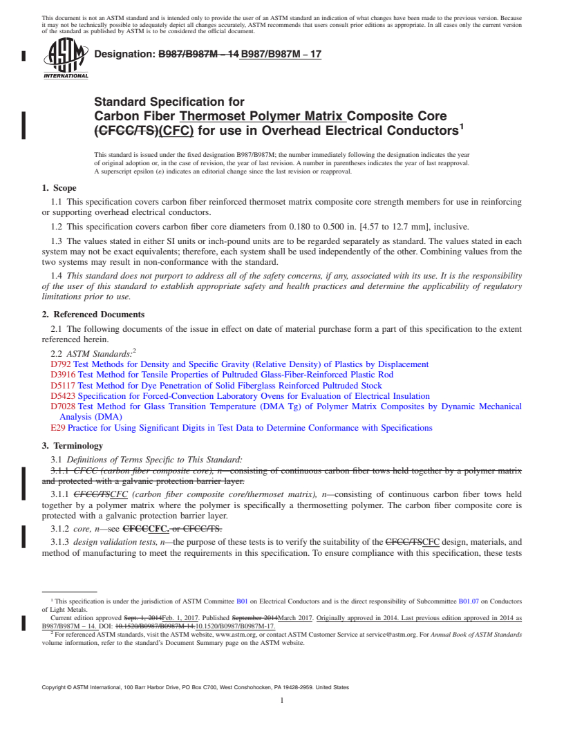 REDLINE ASTM B987/B987M-17 - Standard Specification for Carbon Fiber Thermoset Polymer Matrix Composite Core (CFC)  for use in Overhead Electrical Conductors