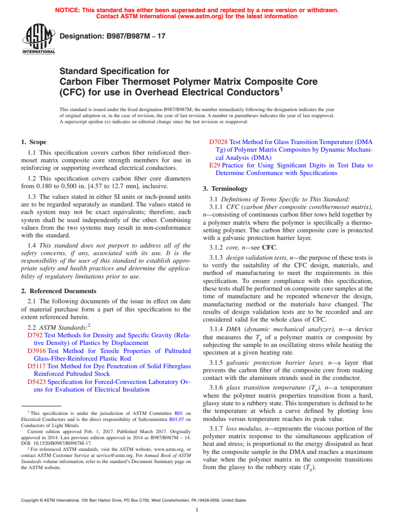 ASTM B987/B987M-17 - Standard Specification for Carbon Fiber Thermoset Polymer Matrix Composite Core (CFC)  for use in Overhead Electrical Conductors