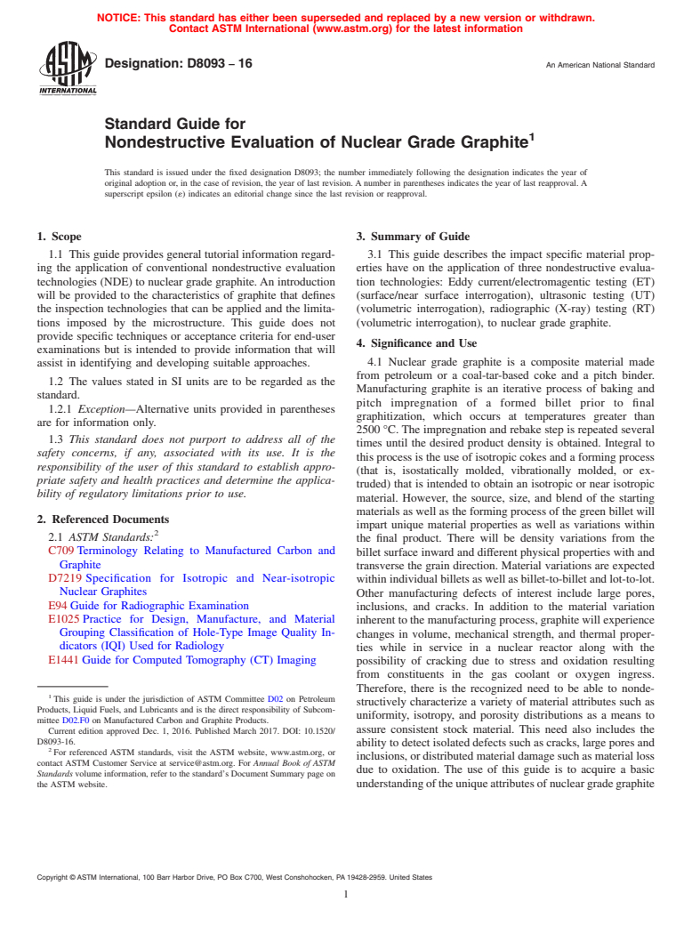 ASTM D8093-16 - Standard Guide for Nondestructive Evaluation of Nuclear Grade Graphite