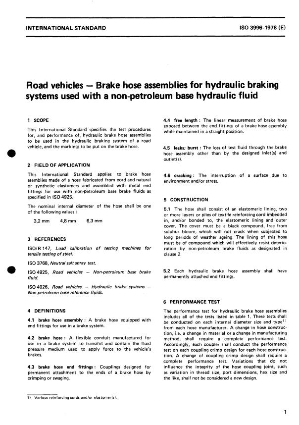 ISO 3996:1978 ISO 3996:1978 - Road vehicles -- Brake hose assemblies for hydraulic braking systems used with a non-petroleum base hydraulic fluid - Page 4 preview