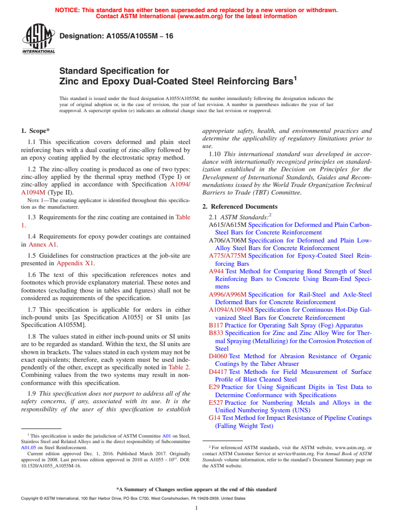 ASTM A1055/A1055M-16 - Standard Specification for  Zinc and Epoxy Dual-Coated Steel Reinforcing Bars