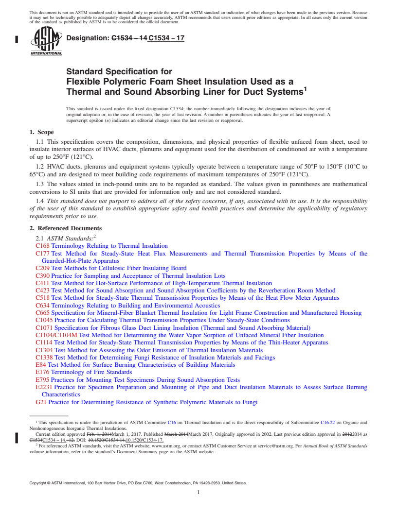 REDLINE ASTM C1534-17 - Standard Specification for  Flexible Polymeric Foam Sheet Insulation Used as a Thermal  and Sound Absorbing Liner for Duct Systems