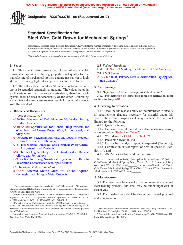 ASTM A227/A227M-06(2017) - Standard Specification for  Steel Wire, Cold-Drawn for Mechanical Springs