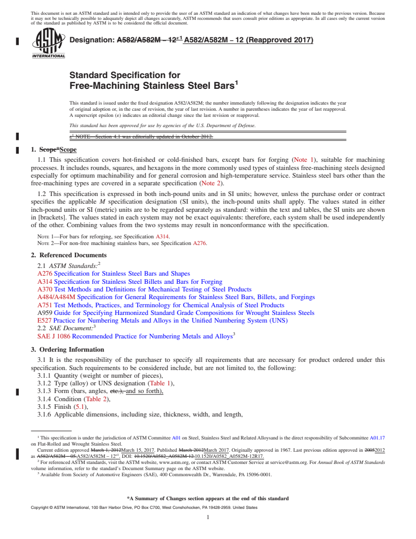 REDLINE ASTM A582/A582M-12(2017) - Standard Specification for  Free-Machining Stainless Steel Bars