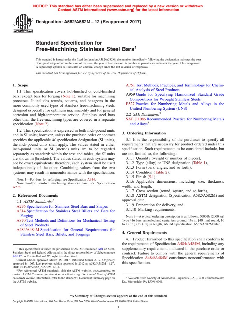 ASTM A582/A582M-12(2017) - Standard Specification for  Free-Machining Stainless Steel Bars