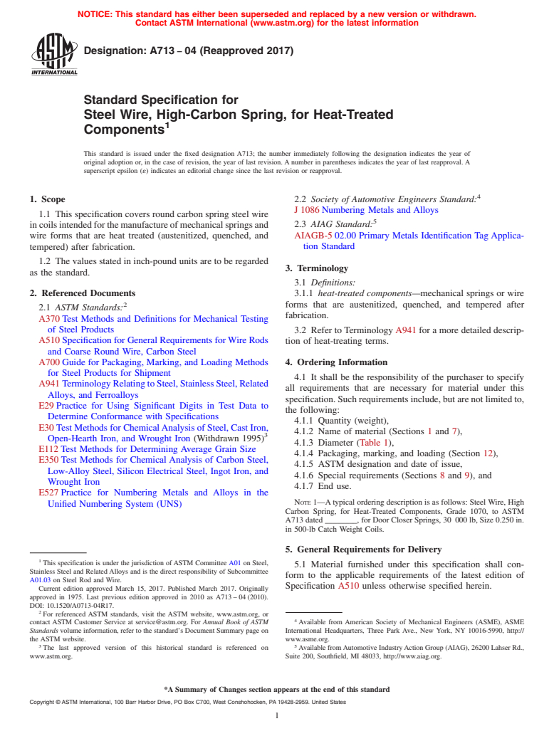 ASTM A713-04(2017) - Standard Specification for  Steel Wire, High-Carbon Spring, for Heat-Treated Components