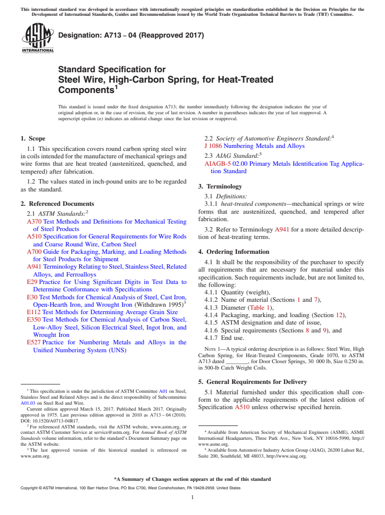 ASTM A713-04(2017) - Standard Specification for  Steel Wire, High-Carbon Spring, for Heat-Treated Components