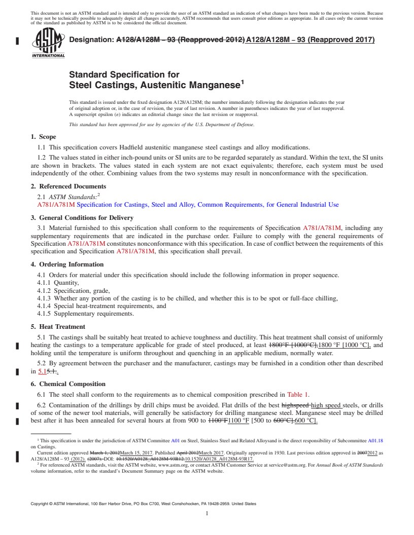 REDLINE ASTM A128/A128M-93(2017) - Standard Specification for  Steel Castings, Austenitic Manganese