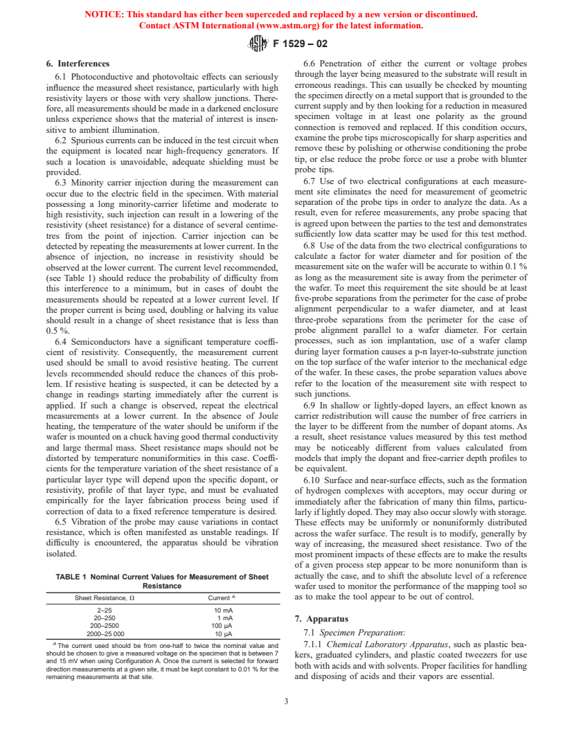 ASTM F1529-97 - Standard Test Method for Sheet Resistance Uniformity Evaluation by In-Line Four-Point Probe with the Dual-Configuration Procedure (Withdrawn 2003)