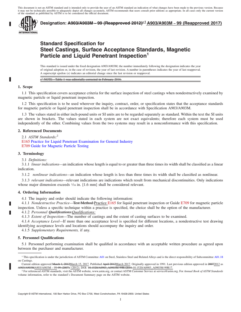 REDLINE ASTM A903/A903M-99(2017) - Standard Specification for  Steel Castings, Surface Acceptance Standards, Magnetic Particle   and Liquid Penetrant Inspection