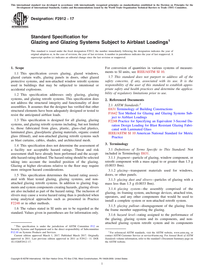ASTM F2912-17 - Standard Specification for  Glazing and Glazing Systems Subject to Airblast Loadings