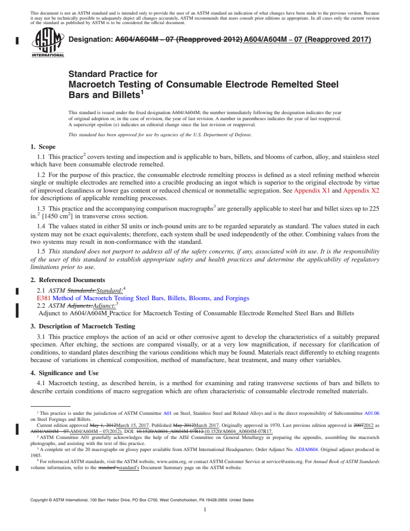 REDLINE ASTM A604/A604M-07(2017) - Standard Practice for Macroetch Testing of Consumable Electrode Remelted Steel Bars  and Billets