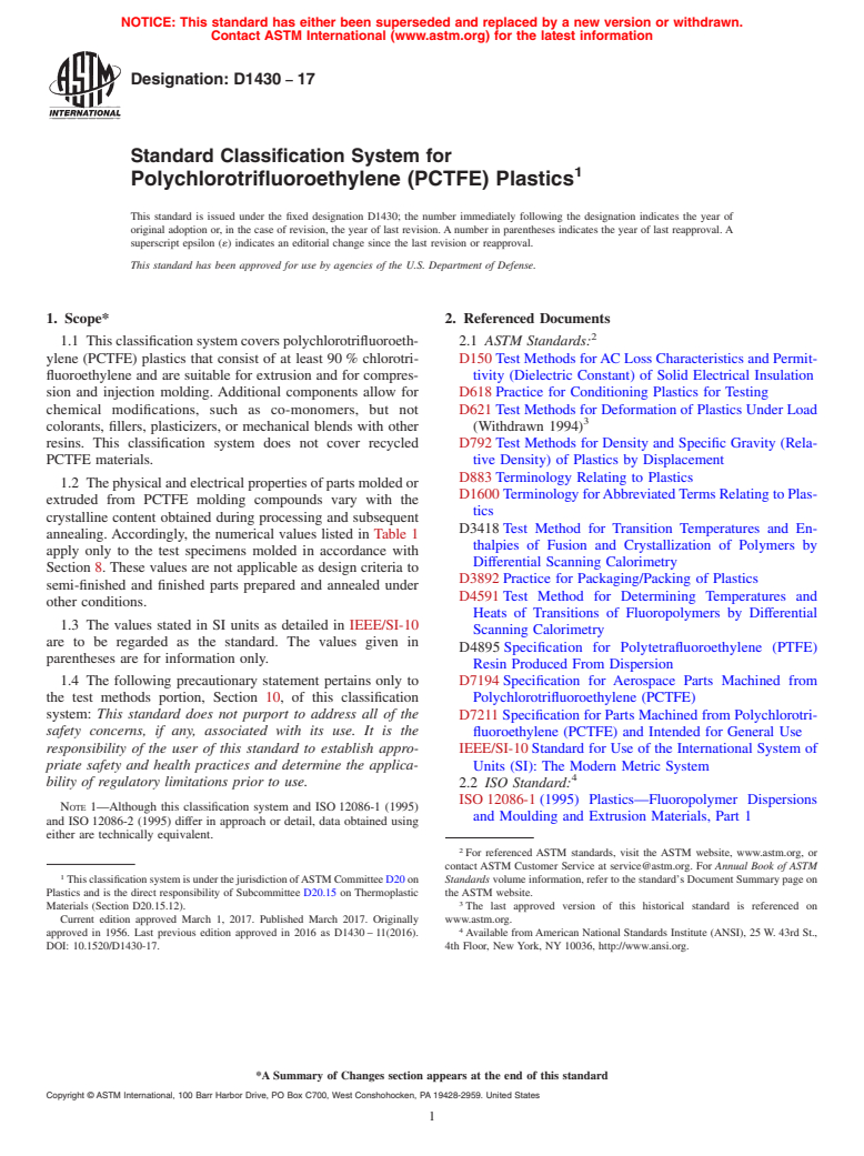 ASTM D1430-17 - Standard Classification System for Polychlorotrifluoroethylene (PCTFE) Plastics