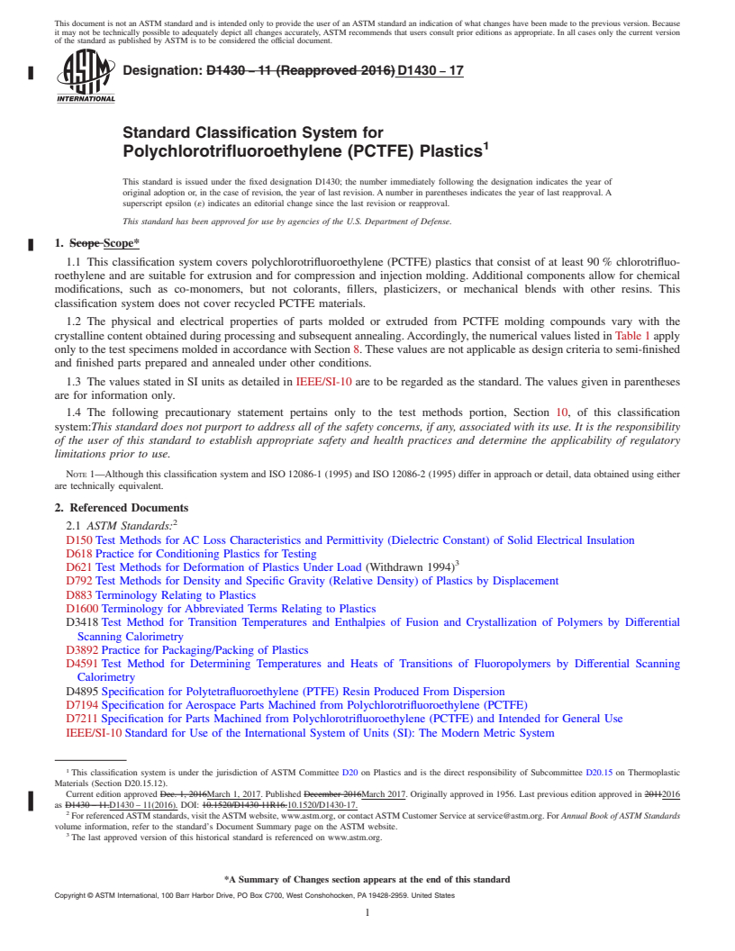 REDLINE ASTM D1430-17 - Standard Classification System for Polychlorotrifluoroethylene (PCTFE) Plastics