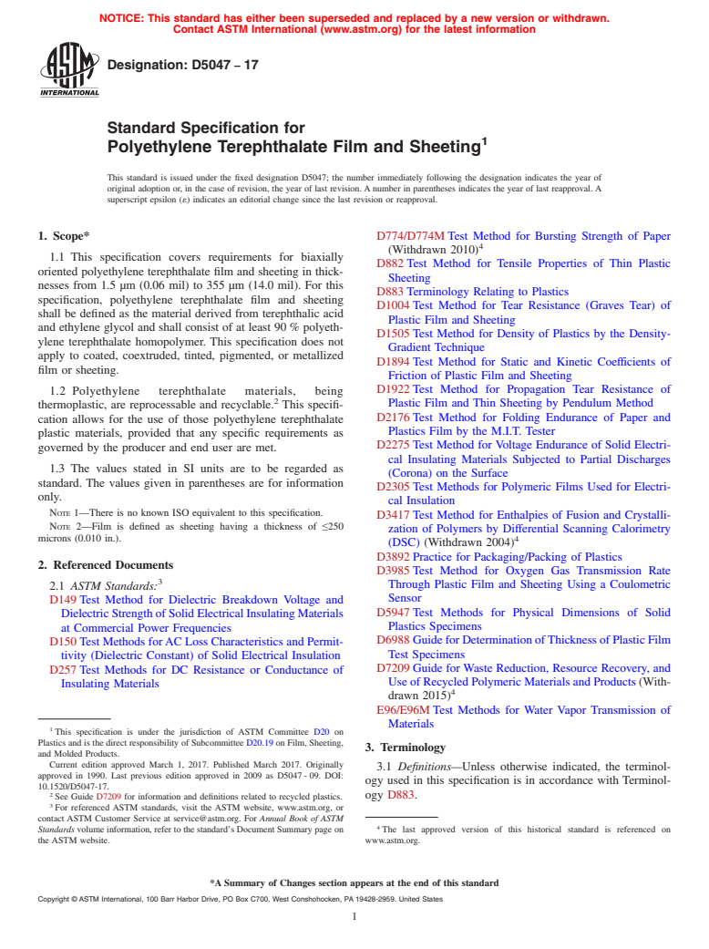 ASTM D5047-17 - Standard Specification for  Polyethylene Terephthalate Film and Sheeting