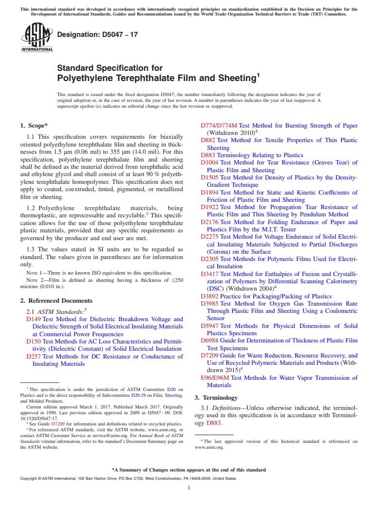 ASTM D5047-17 - Standard Specification for  Polyethylene Terephthalate Film and Sheeting