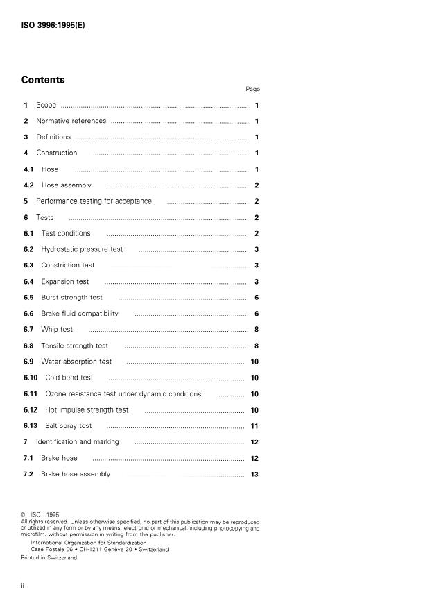 ISO 3996:1995 ISO 3996:1995 - Road vehicles -- Brake hose assemblies for hydraulic braking systems used with non-petroleum-base brake fluid - Page 2 preview