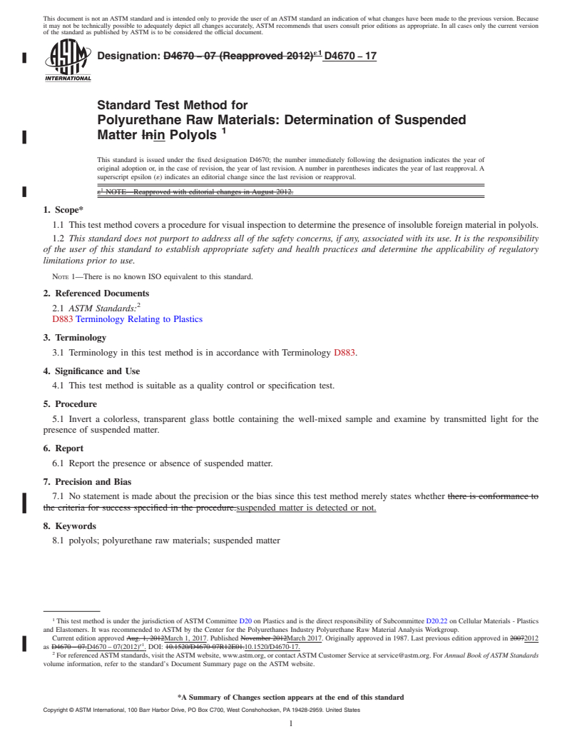 REDLINE ASTM D4670-17 - Standard Test Method for  Polyurethane Raw Materials: Determination of Suspended Matter  in Polyols