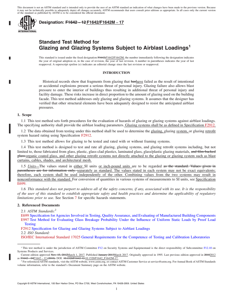 REDLINE ASTM F1642/F1642M-17 - Standard Test Method for  Glazing and Glazing Systems Subject to Airblast Loadings