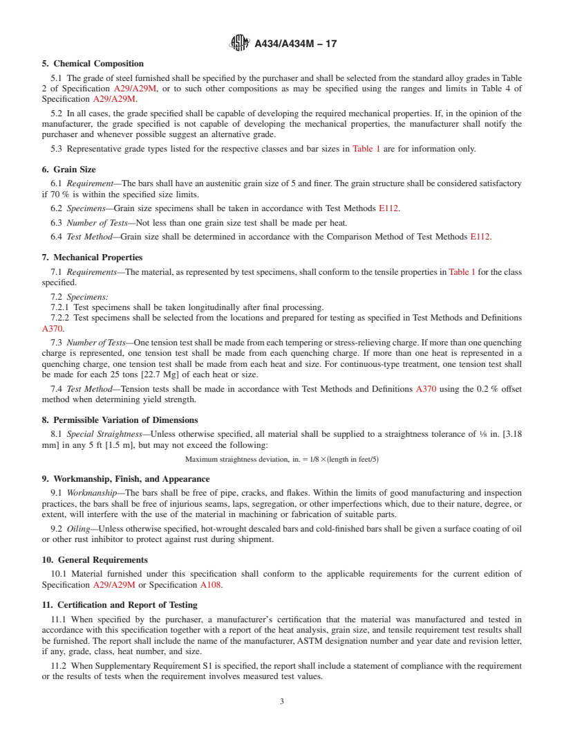 REDLINE ASTM A434/A434M-17 - Standard Specification for Steel Bars, Alloy, Hot-Wrought or Cold-Finished, Quenched and  Tempered