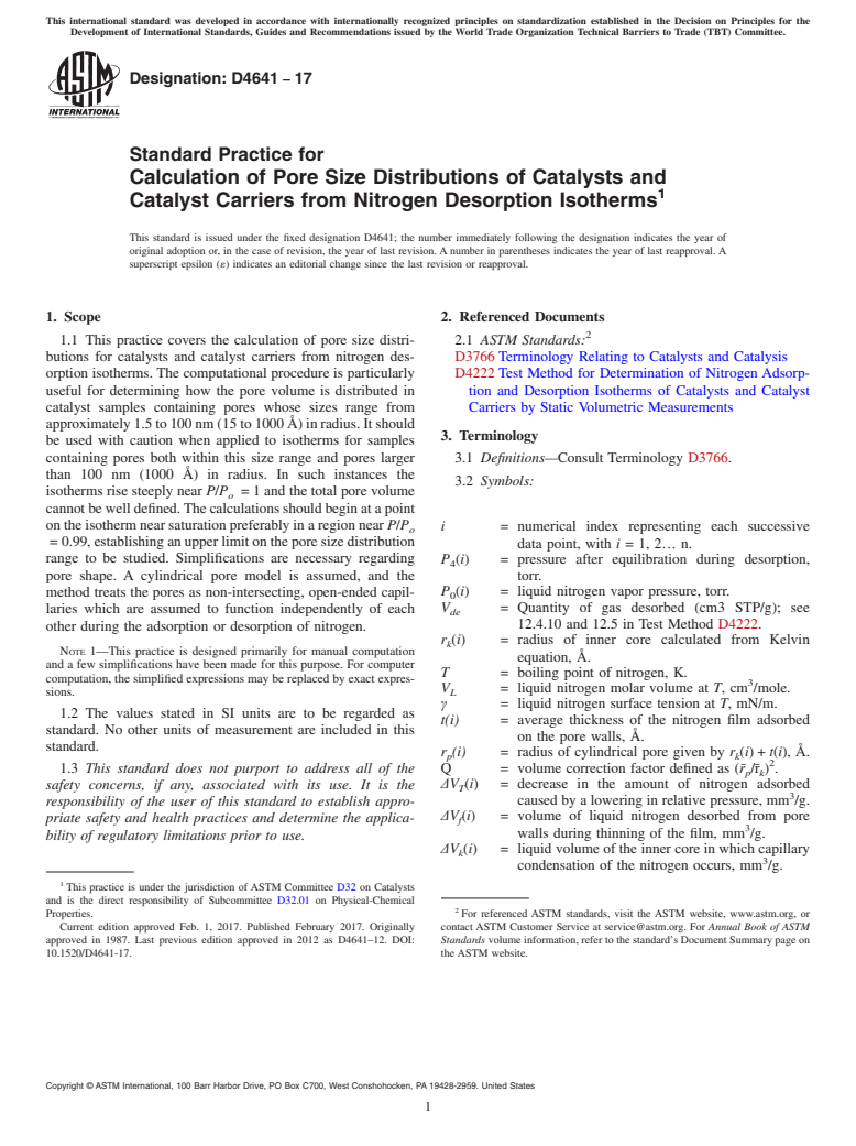 ASTM D4641-17 - Standard Practice for  Calculation of Pore Size Distributions of Catalysts and Catalyst  Carriers from Nitrogen Desorption Isotherms