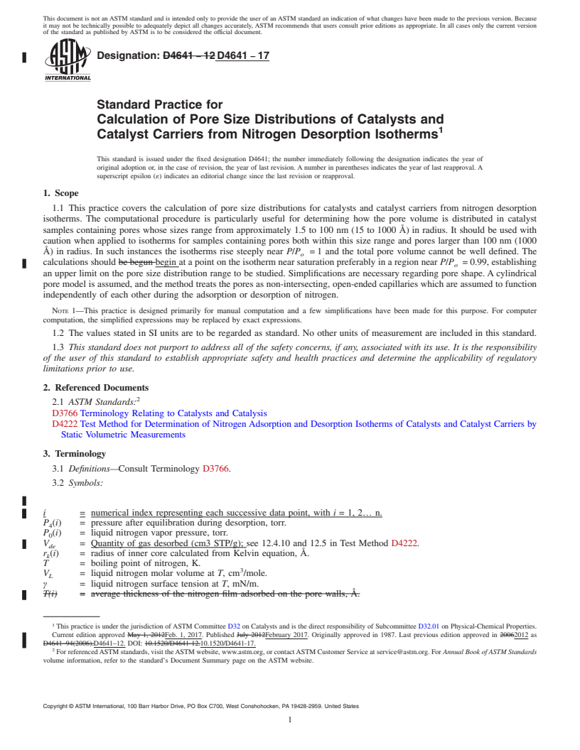 REDLINE ASTM D4641-17 - Standard Practice for  Calculation of Pore Size Distributions of Catalysts and Catalyst  Carriers from Nitrogen Desorption Isotherms