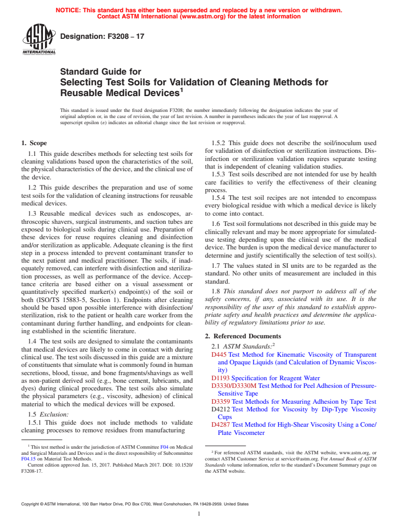 ASTM F3208-17 - Standard Guide for Selecting Test Soils for Validation of Cleaning Methods for  Reusable Medical Devices
