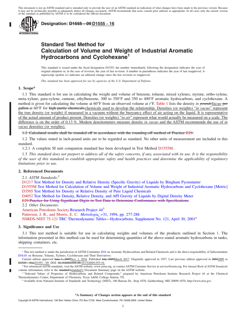 REDLINE ASTM D1555-16 - Standard Test Method for Calculation of Volume and Weight of Industrial Aromatic Hydrocarbons      and Cyclohexane