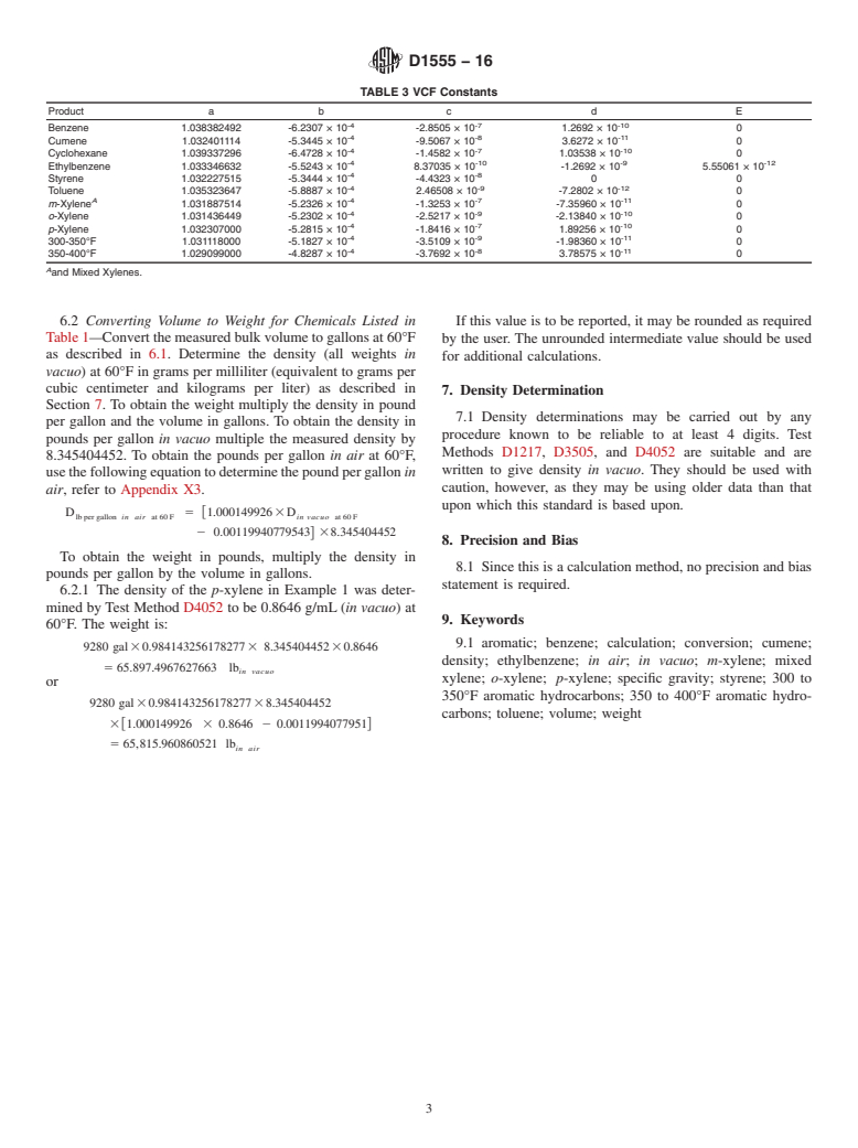 ASTM D1555-16 - Standard Test Method for Calculation of Volume and Weight of Industrial Aromatic Hydrocarbons      and Cyclohexane