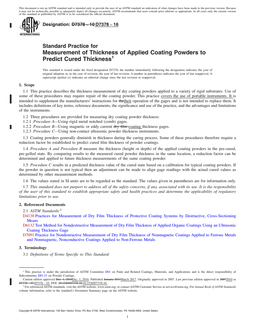 REDLINE ASTM D7378-16 - Standard Practice for Measurement of Thickness of Applied Coating Powders to Predict   Cured      Thickness