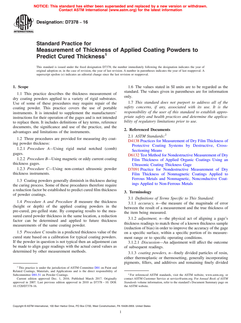 ASTM D7378-16 - Standard Practice for Measurement of Thickness of Applied Coating Powders to Predict   Cured      Thickness