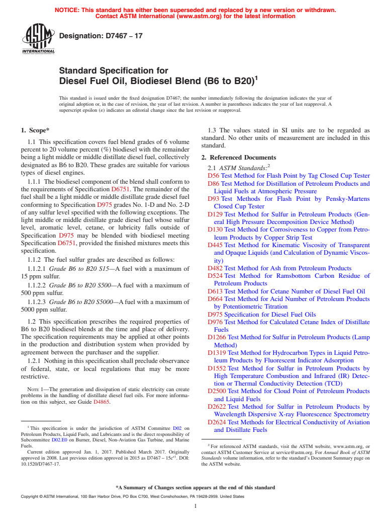 ASTM D7467-17 - Standard Specification for  Diesel Fuel Oil, Biodiesel Blend (B6 to B20)