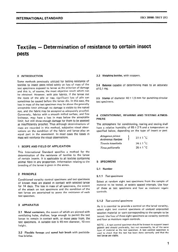 ISO 3998:1977 ISO 3998:1977 - Textiles -- Determination of resistance to certain insect pests