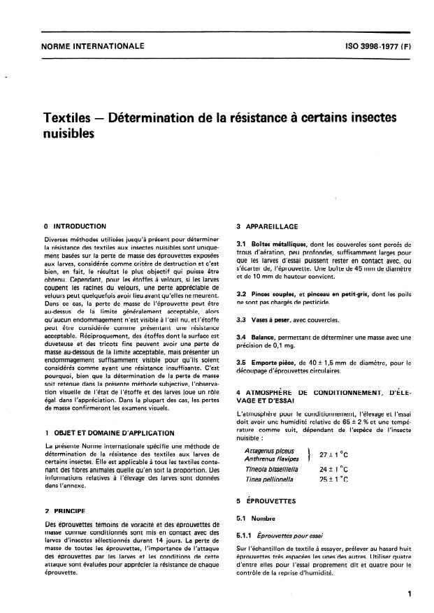 ISO 3998:1977 ISO 3998:1977 - Textiles -- Détermination de la résistance a certains insectes nuisibles