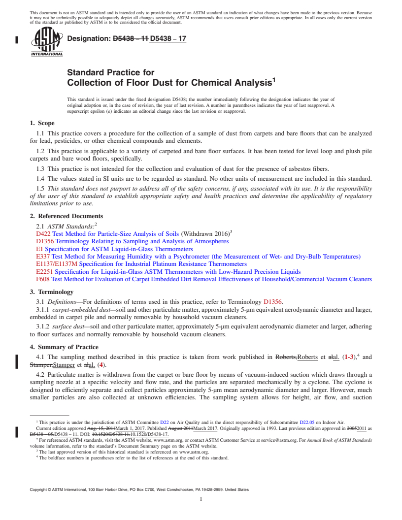 REDLINE ASTM D5438-17 - Standard Practice for  Collection of Floor Dust for Chemical Analysis