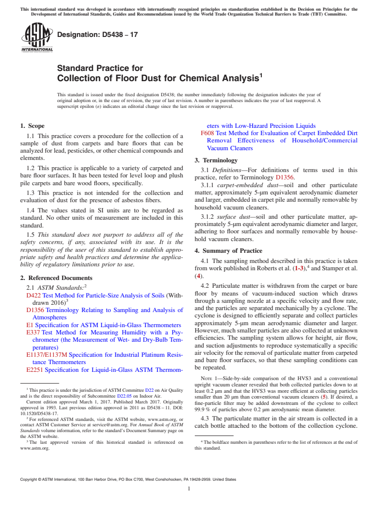 ASTM D5438-17 - Standard Practice for  Collection of Floor Dust for Chemical Analysis