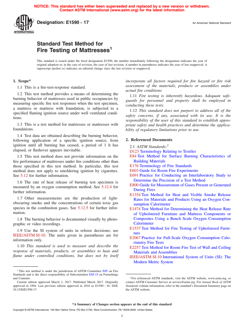 ASTM E1590-17 - Standard Test Method for  Fire Testing of Mattresses