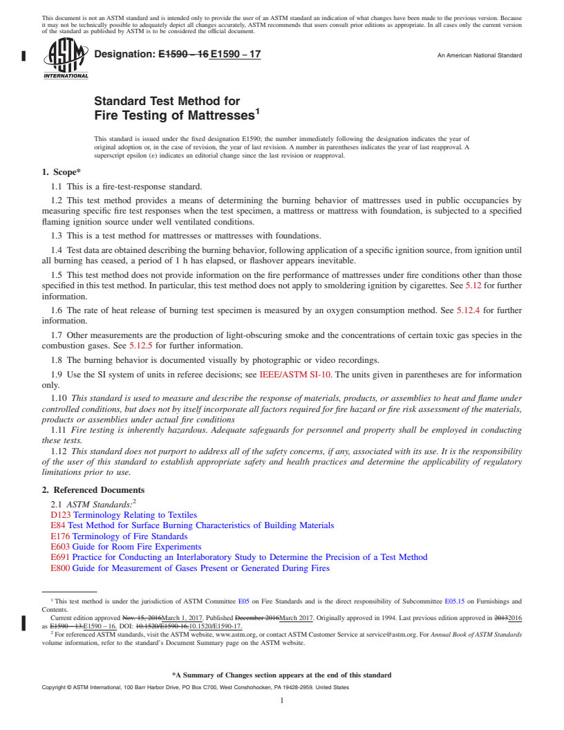 REDLINE ASTM E1590-17 - Standard Test Method for  Fire Testing of Mattresses