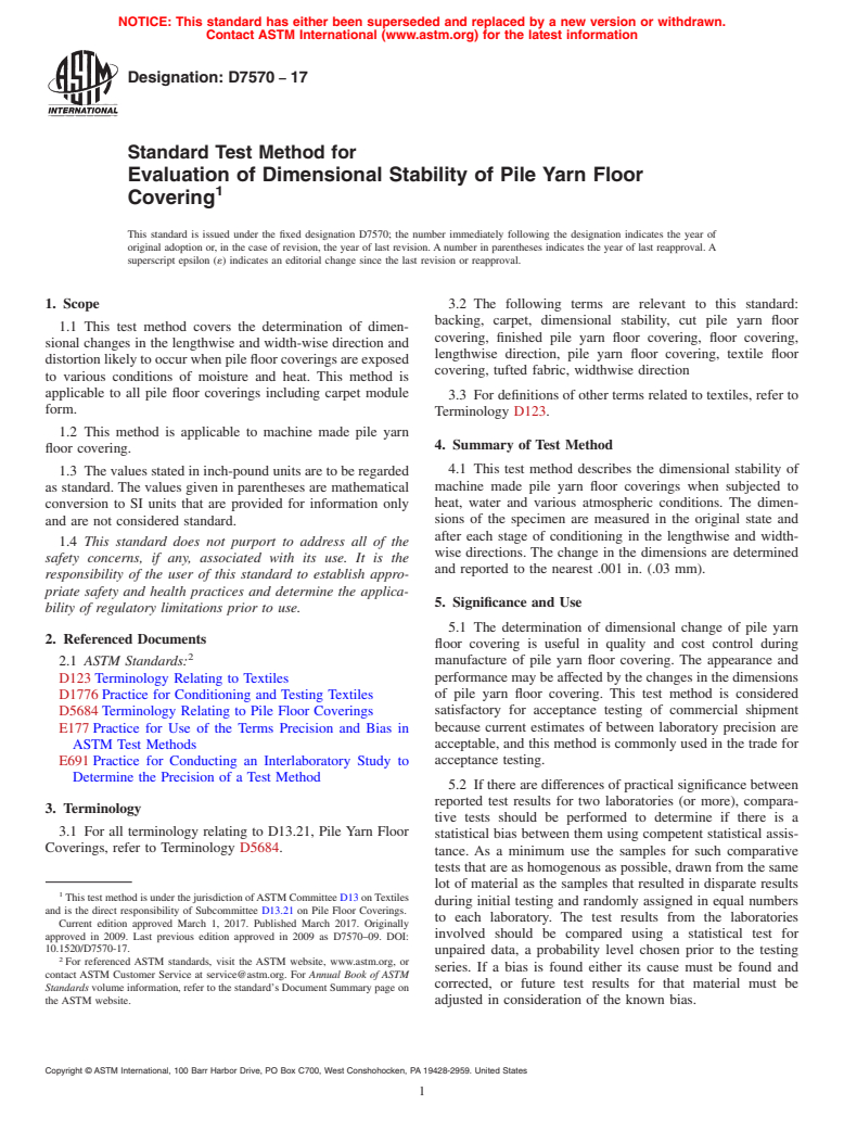 ASTM D7570-17 - Standard Test Method for  Evaluation of Dimensional Stability of Pile Yarn Floor Covering