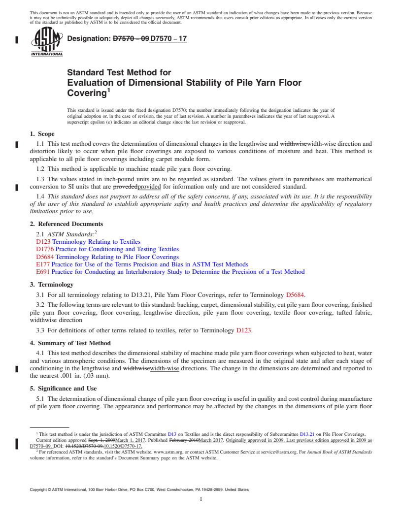 REDLINE ASTM D7570-17 - Standard Test Method for  Evaluation of Dimensional Stability of Pile Yarn Floor Covering