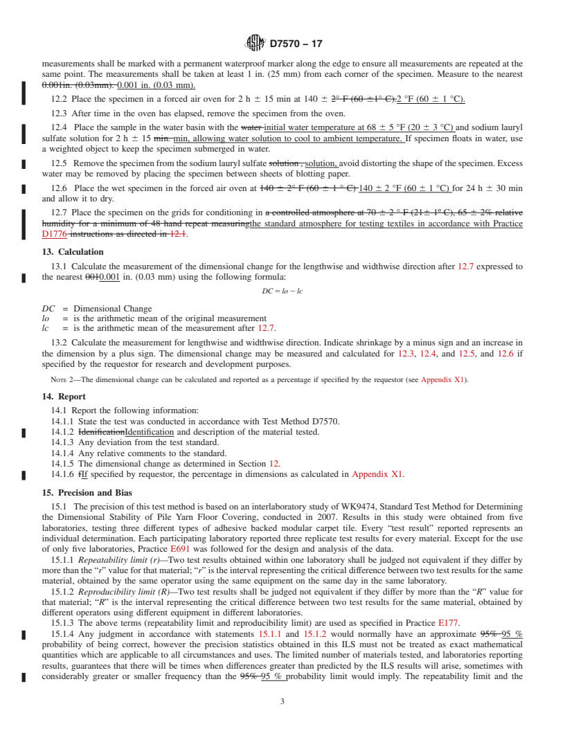 REDLINE ASTM D7570-17 - Standard Test Method for  Evaluation of Dimensional Stability of Pile Yarn Floor Covering