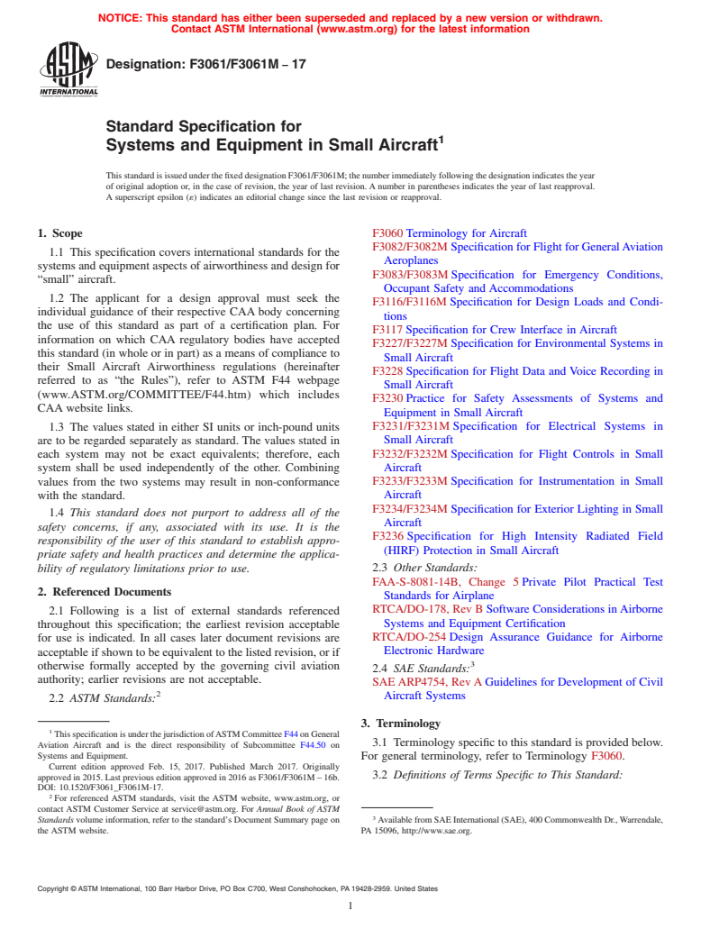 ASTM F3061/F3061M-17 - Standard Specification for Systems and Equipment in Small Aircraft